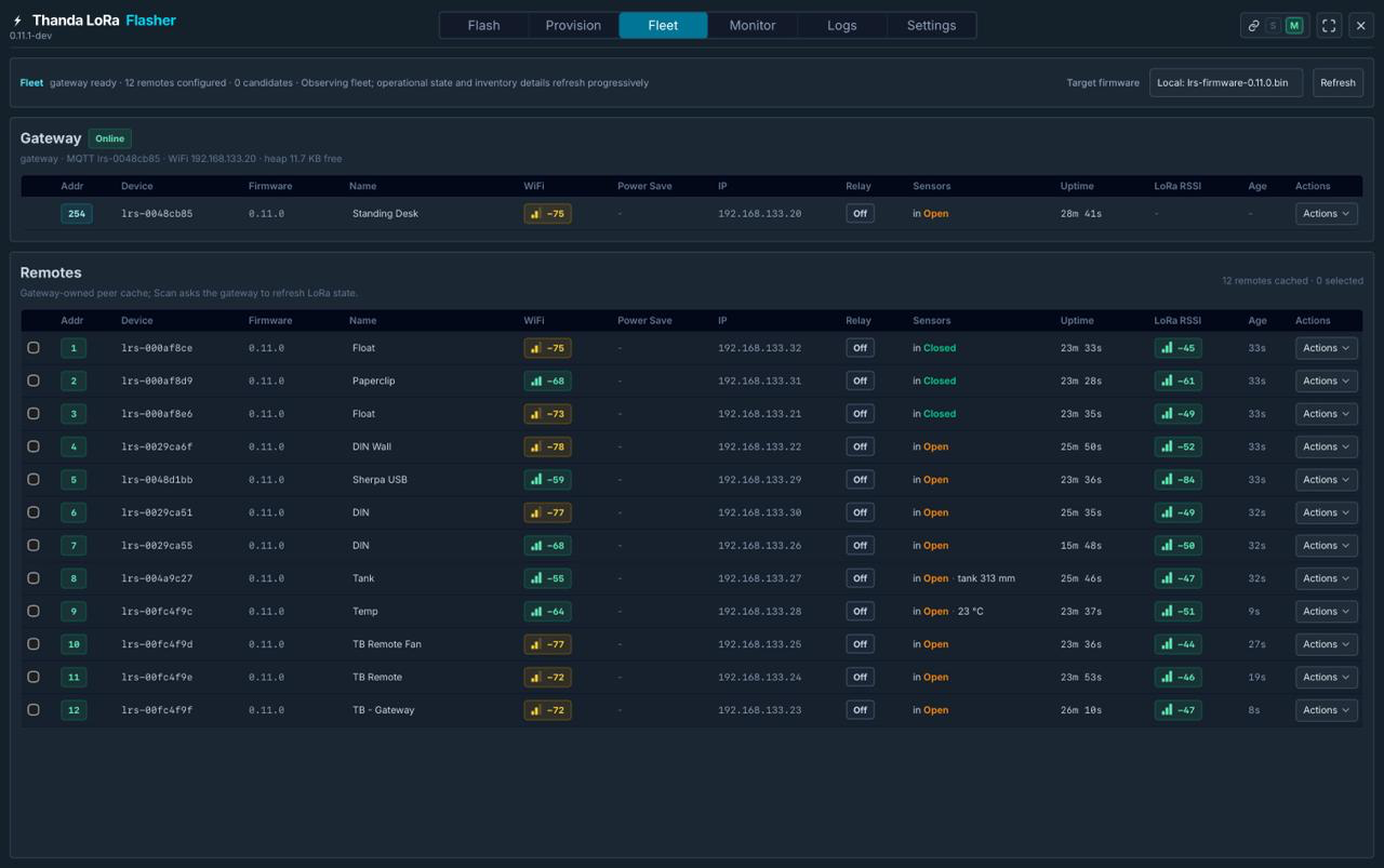FieldOps Control fleet view showing 12 remote LRS devices, including tank and temperature readings and three closed input terminals